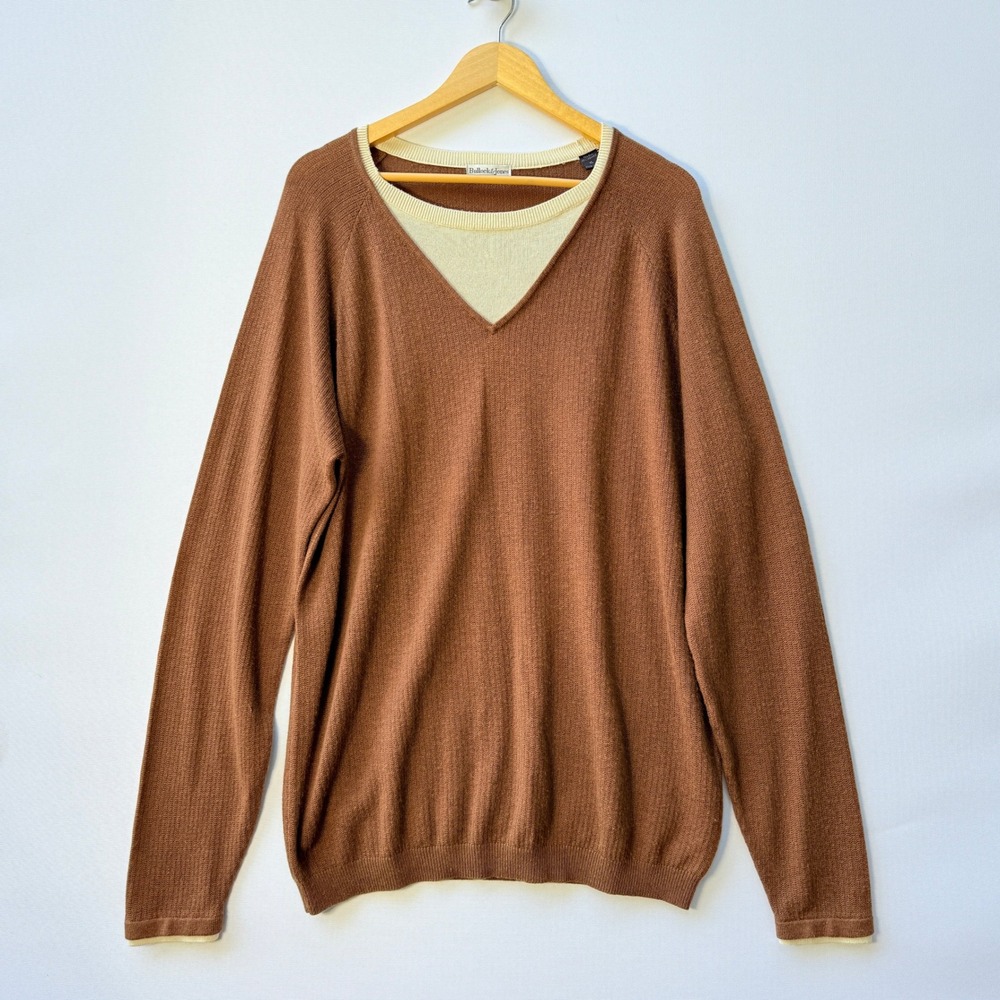 Bullock &‎ Jones Mens XL Brown Silk Cashmere V-Neck Sweater Long Sleeve Preppy